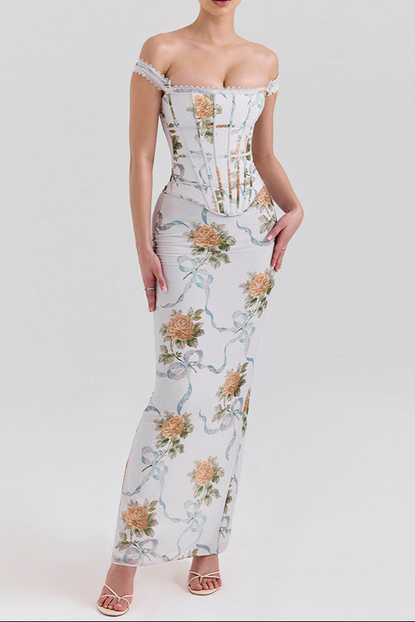 White Floral Print Fitted Corset Maxi Dress