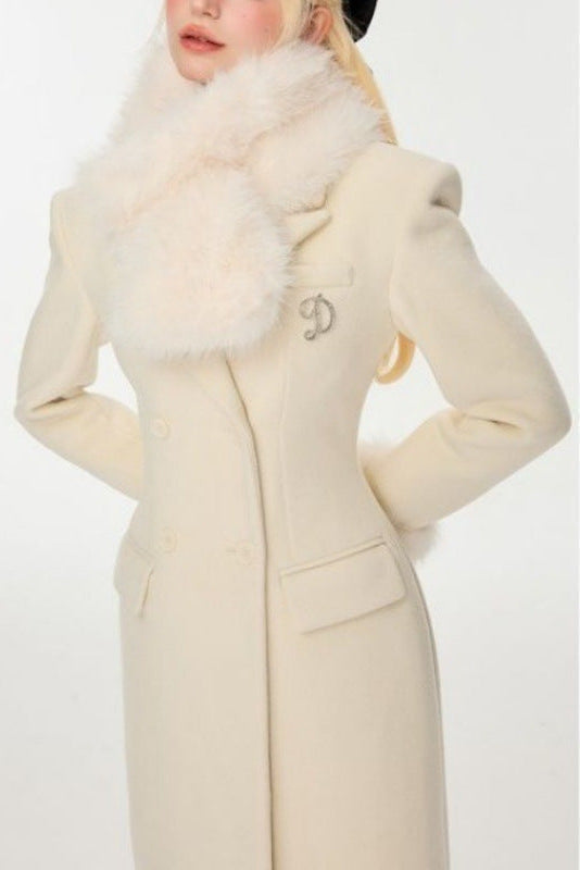 Slim Faux Fur Mid-Length Woolen Coat