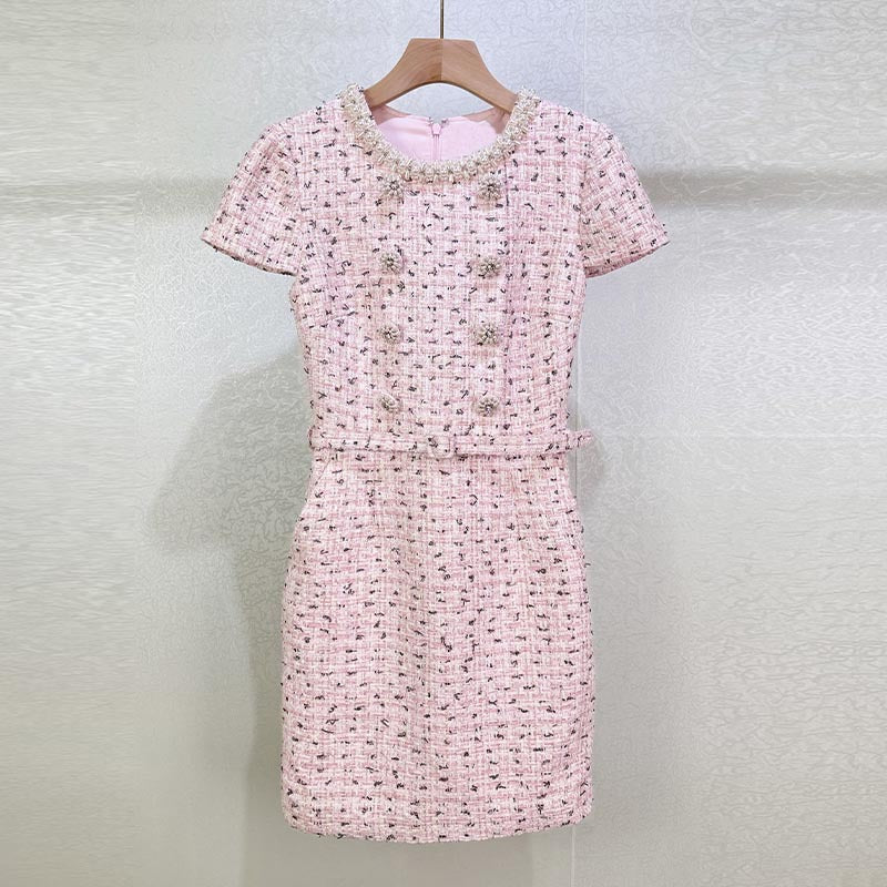 Embellished Boucle Mini Dress in Pink