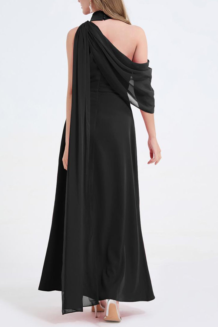 One-Shoulder Detachable Collar Maxi Dress in Black