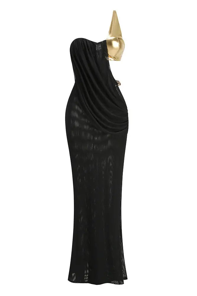 One-Shoulder Metal Chain Decoration Maxi Dress in Black