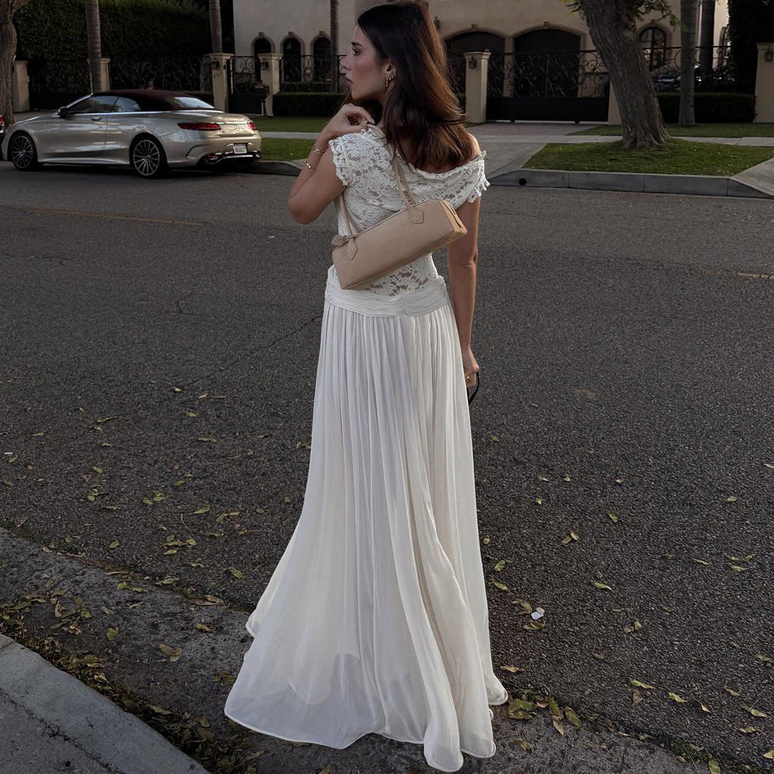 Winter Style Sheer V-Neck Lace-Trimmed Maxi Dress