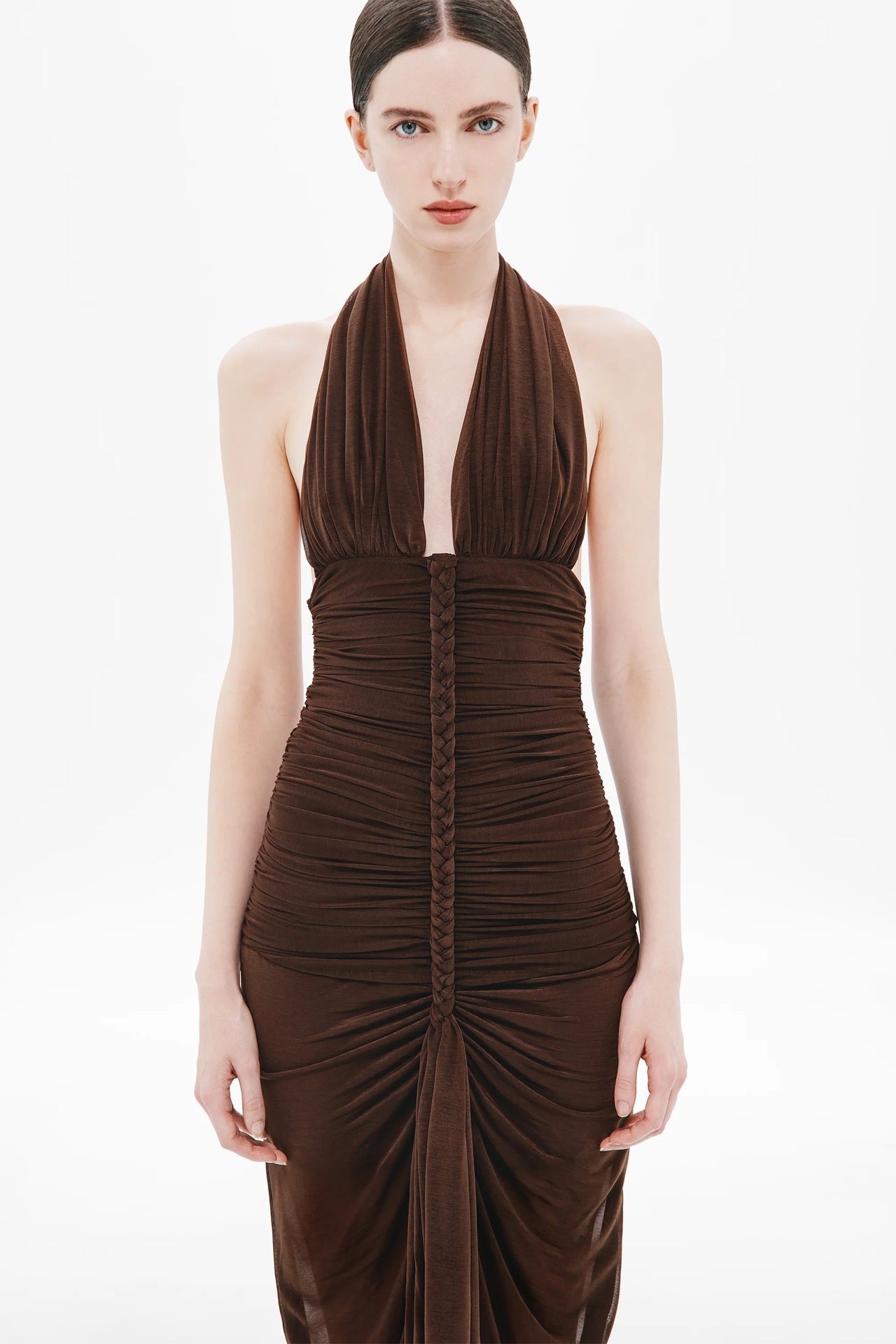 V-Neck Braided Bodycon Maxi Dress - Brown