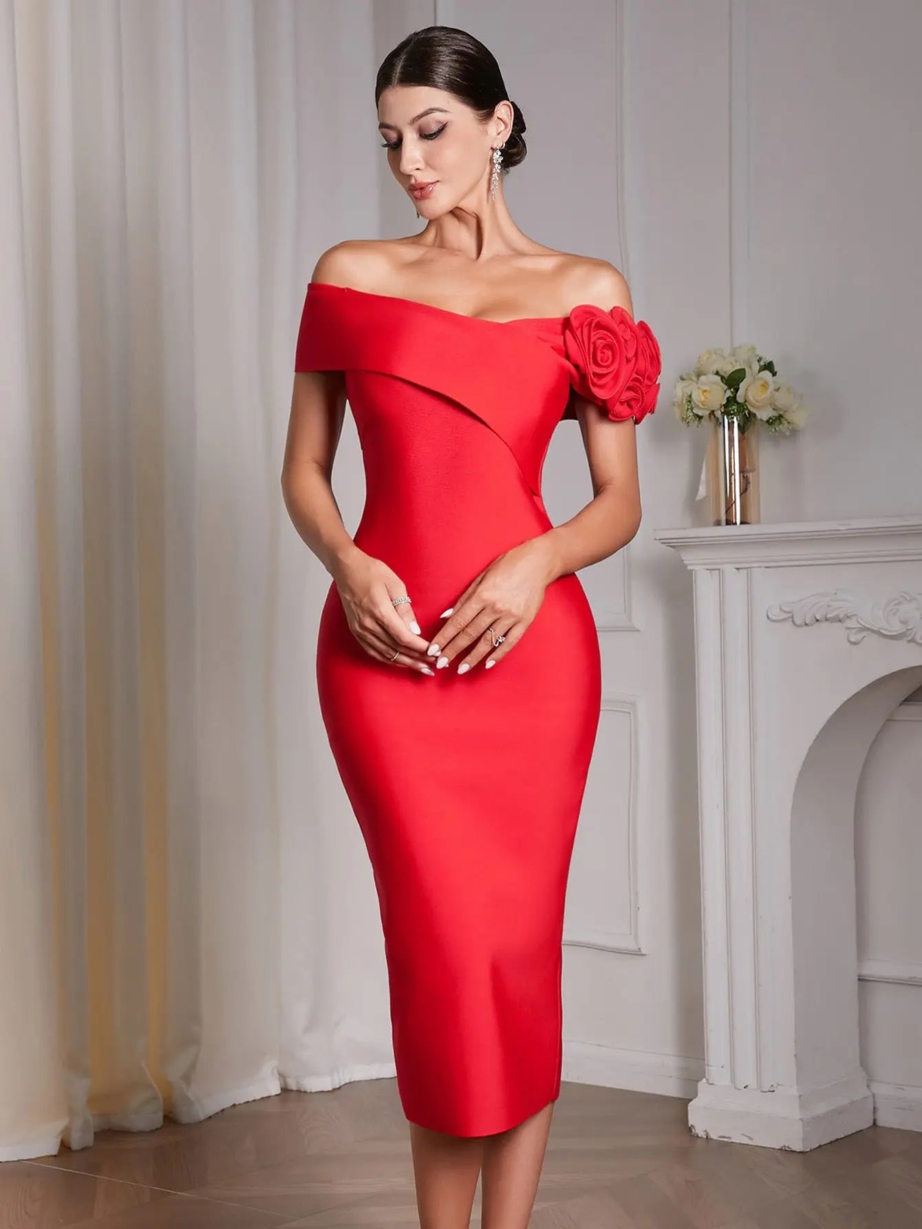 Red 3D Flower Bandage Midi Dress