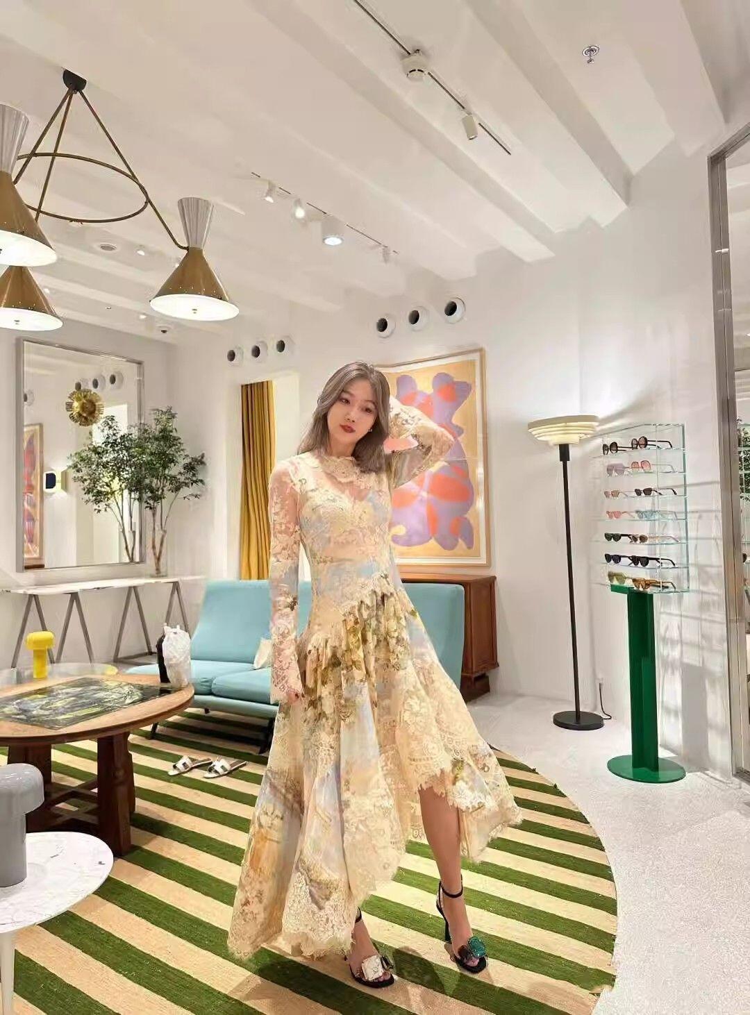 Long Sleeves Floral Printed Lace Maxi Dress