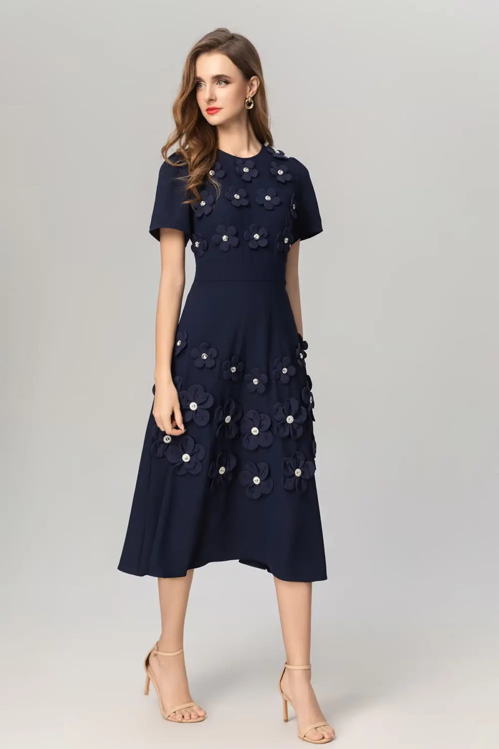 3D Flower Midi Dress in Navy Blue