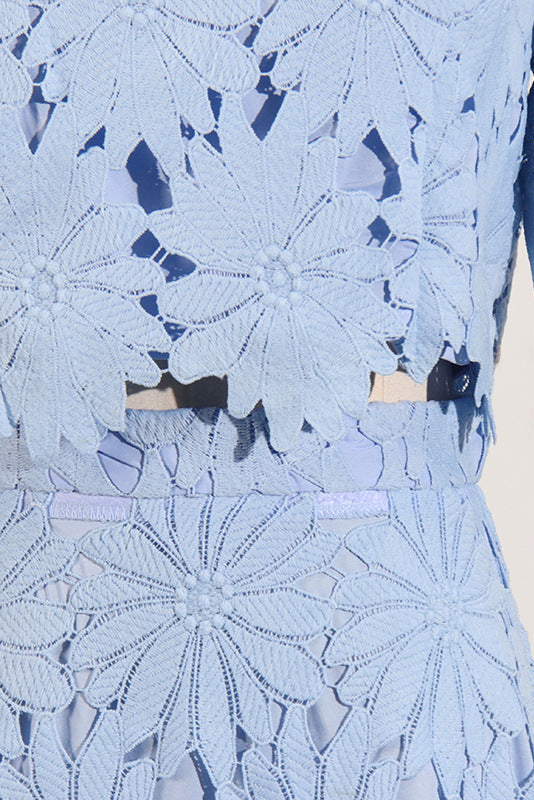 Lace Embroidered Top & Maxi Skirt Two-Piece Set in Blue