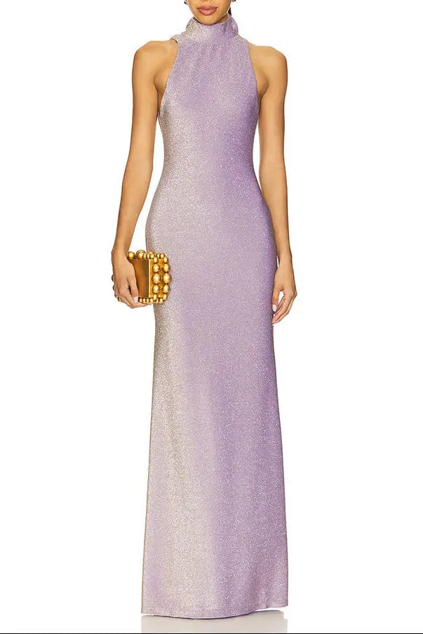 Sleeveless Back Flower Embellished Halter Maxi Dress in Purple