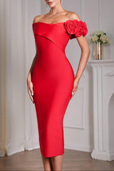 Red 3D Flower Bandage Midi Dress