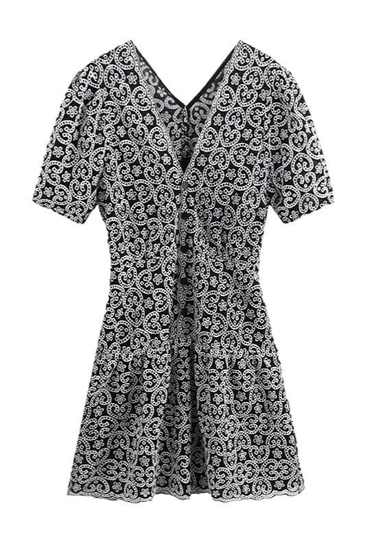 Black V-Neckline Guipure Mini Dress