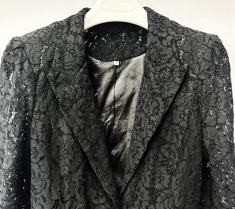 V-Neck Lace Blazer Set in Black