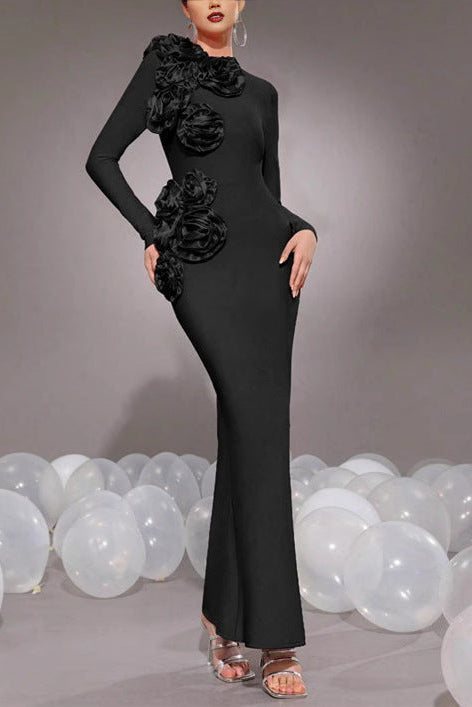 3D Flower Bandage Maxi Dress in Black