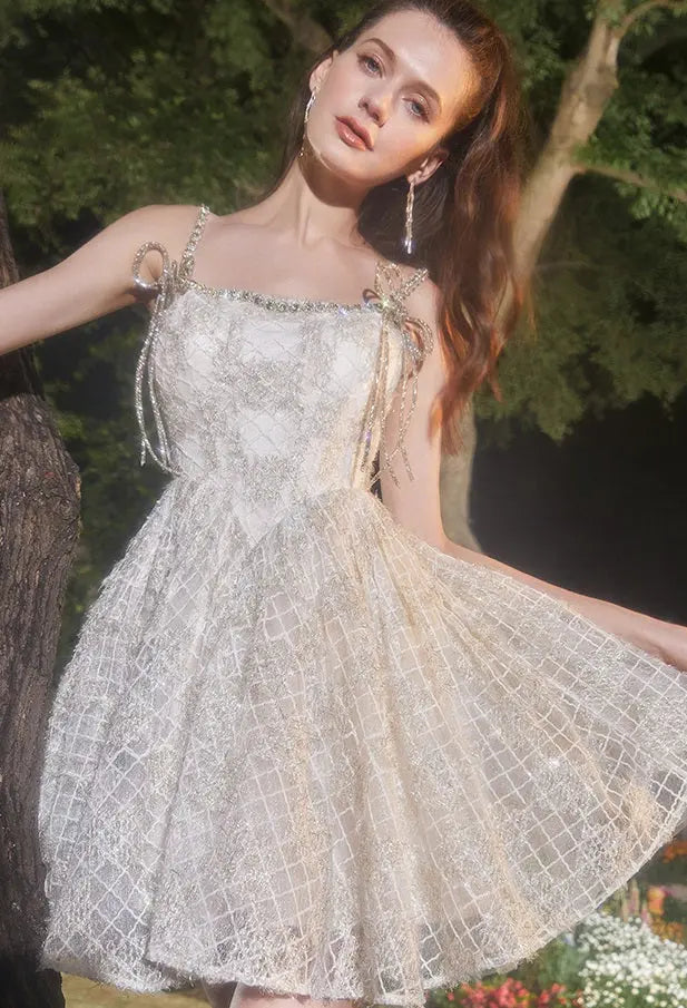 Beige Square Collar Sleeveless Lace Cocktail Dress