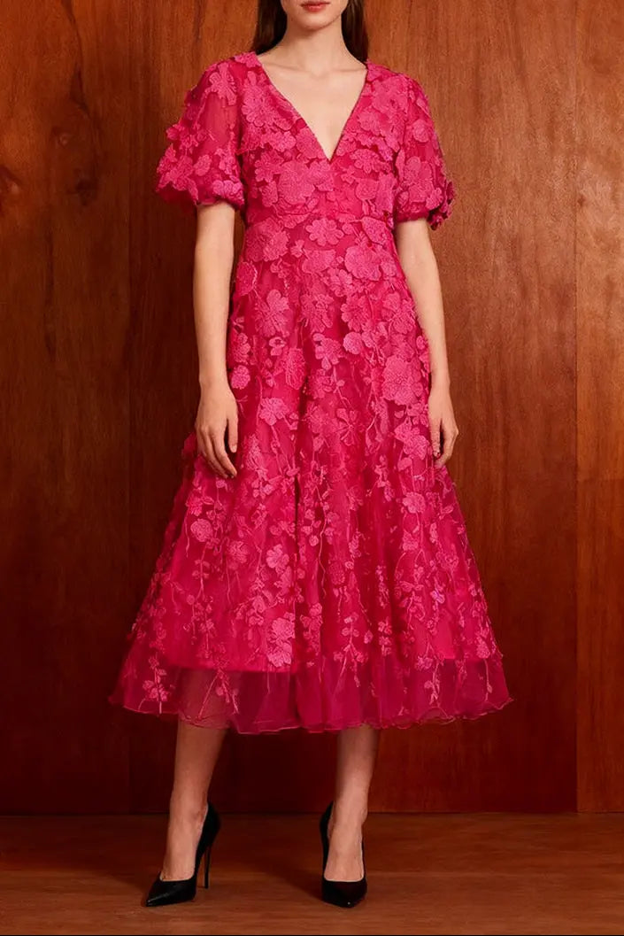 Puff Sleeve V-Neck Embroidery Midi Dress in Rose Red