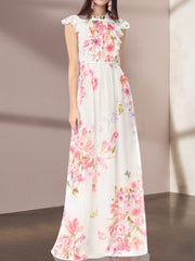 White Floral FlSleeves Maxi Dress