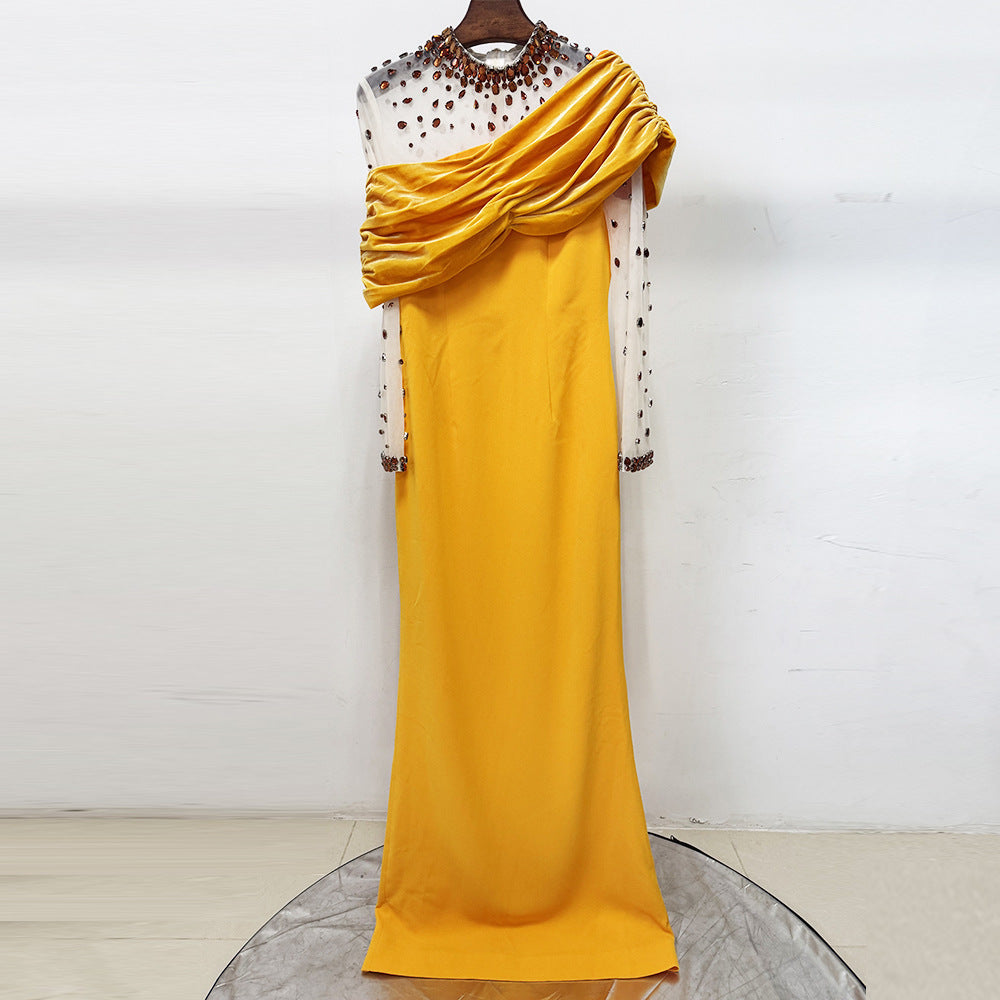 Mesh-Paneled Rhinestone-Embellished Maxi Dress - Yellow