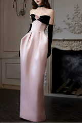 Satin Pink Flower Maxi Prom Dress