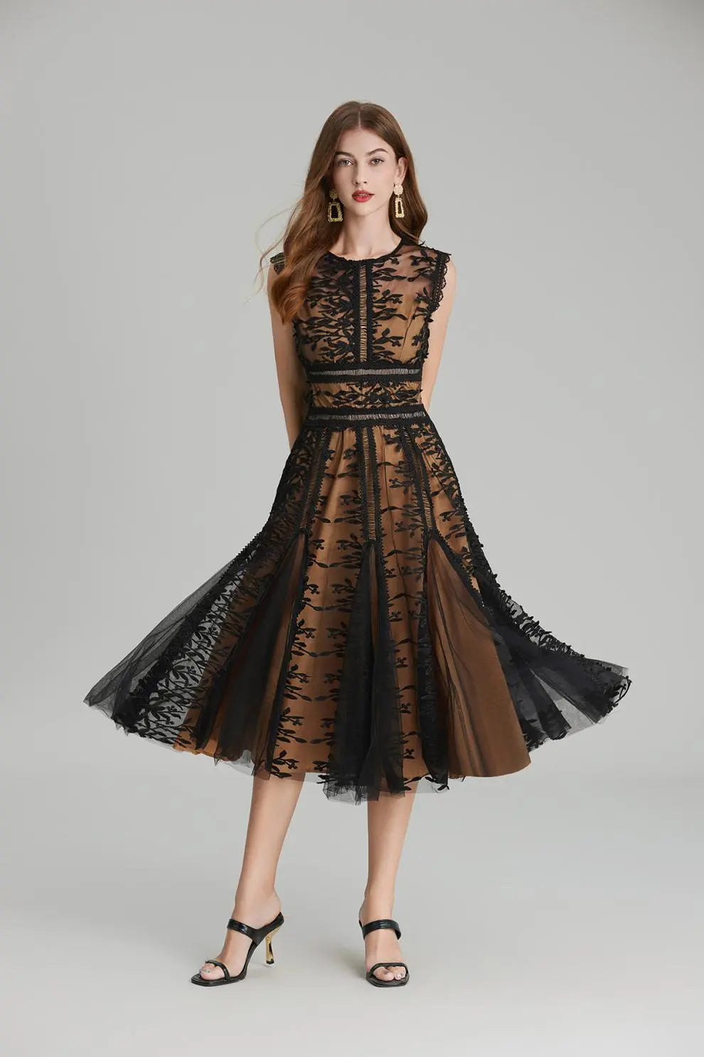 3D Embroidered Lace Mesh Midi Dress in Black