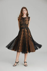 3D Embroidered Lace Mesh Midi Dress in Black