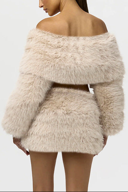 Faux Fur Off-Shoulder Long Sleeve Top in Beige