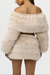 Faux Fur Off-Shoulder Long Sleeve Top in Beige