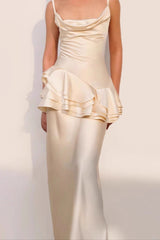 Splicing Ruffle Silk Maxi Dress in Apricot