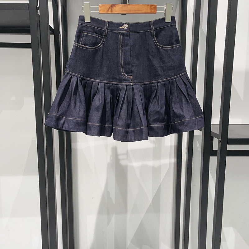 Ruffled Mini Denim Skirt in Deep Blue