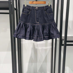 Ruffled Mini Denim Skirt in Deep Blue