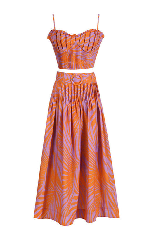 Floral-Print Linen Bustier Top Skirt Set in Blue