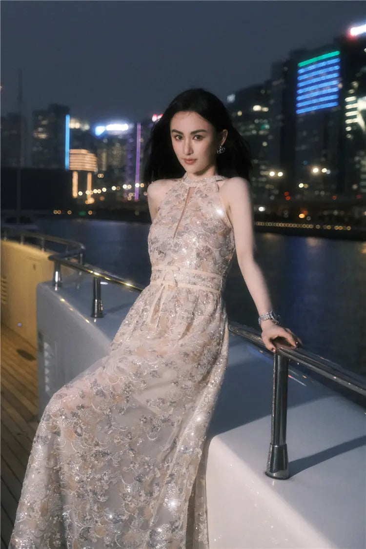 Gold Couture with Floral Embroidery Sequin Banquet Dress