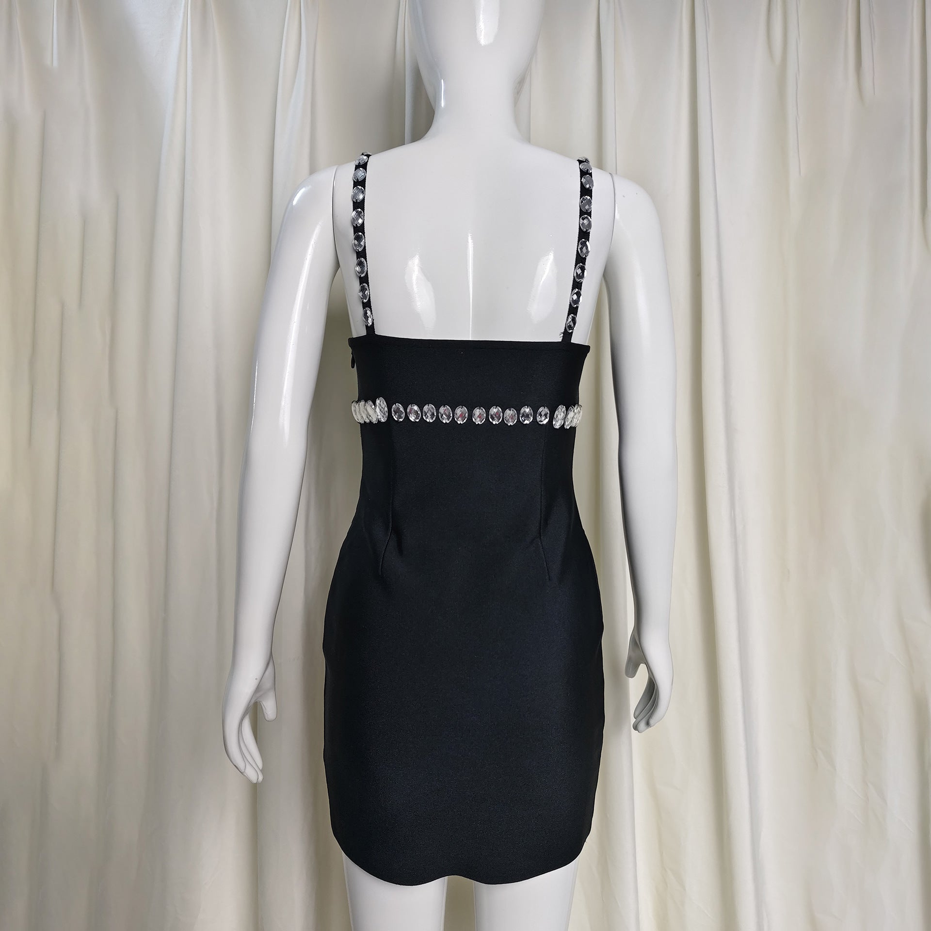 V-Neck Rhinestone Embellished Stretch Bodycon Mini Dress in Black