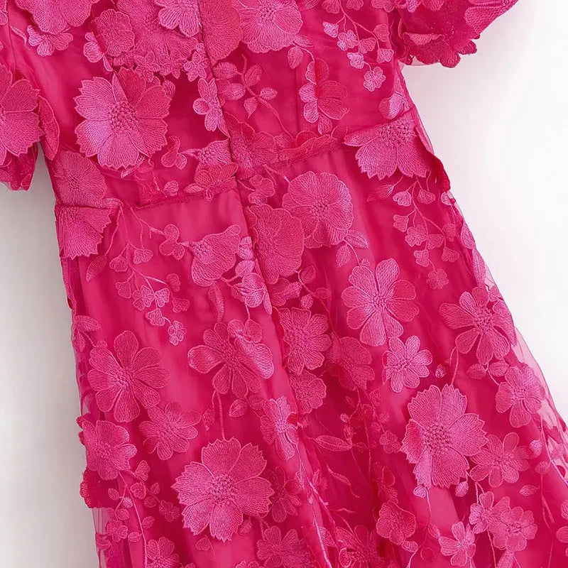 Puff Sleeve V-Neck Embroidery Midi Dress in Rose Red