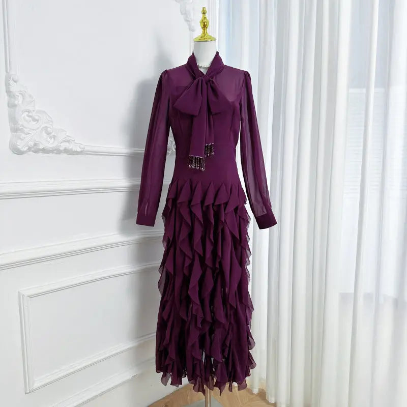 Purple Neck Ruffle Maxi Dress