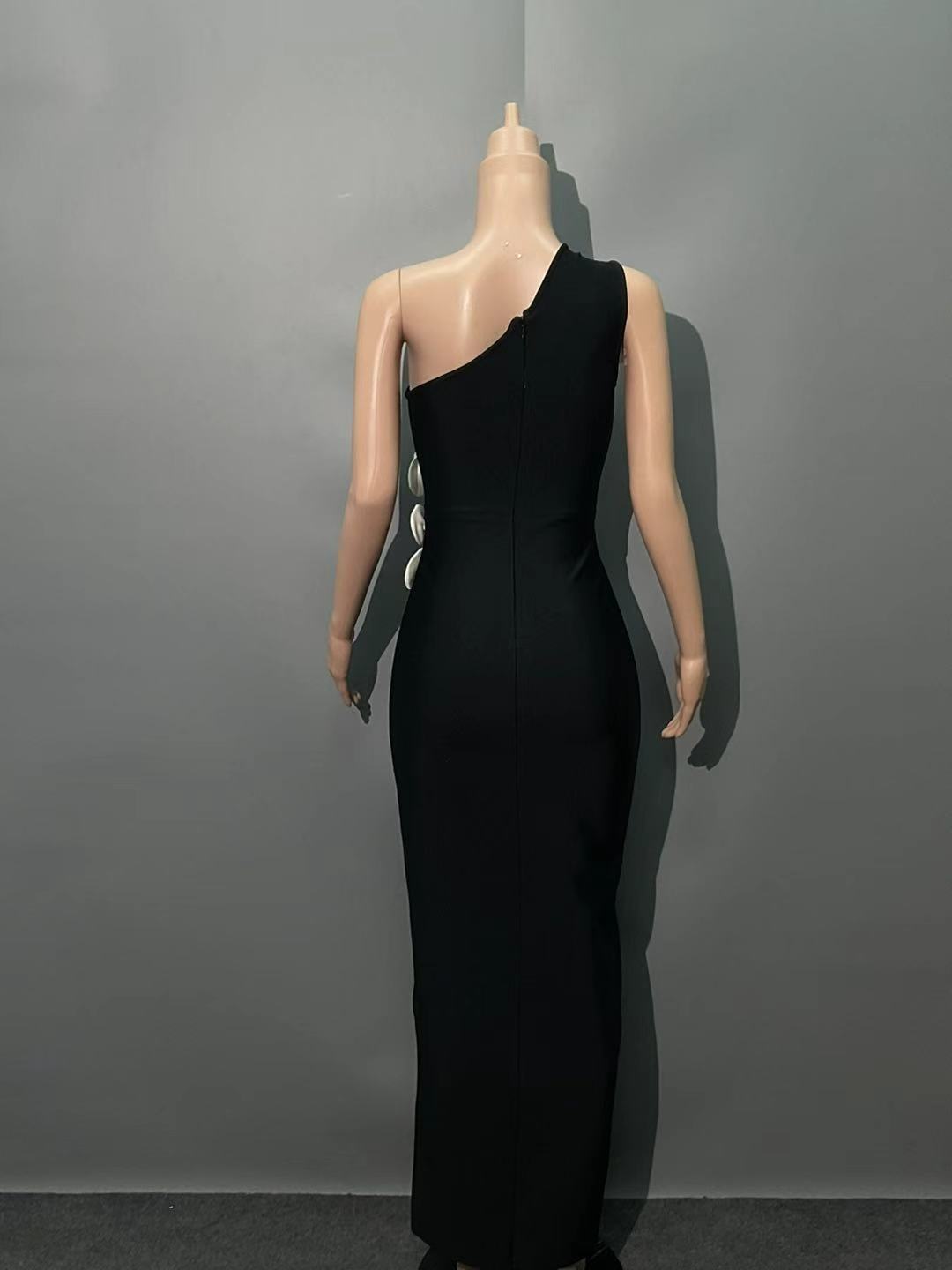 Black Sequin Flowers One Shoulder Bandage Maxi Dress