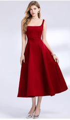 Square Neck Satin Slip Midi Dress - Red