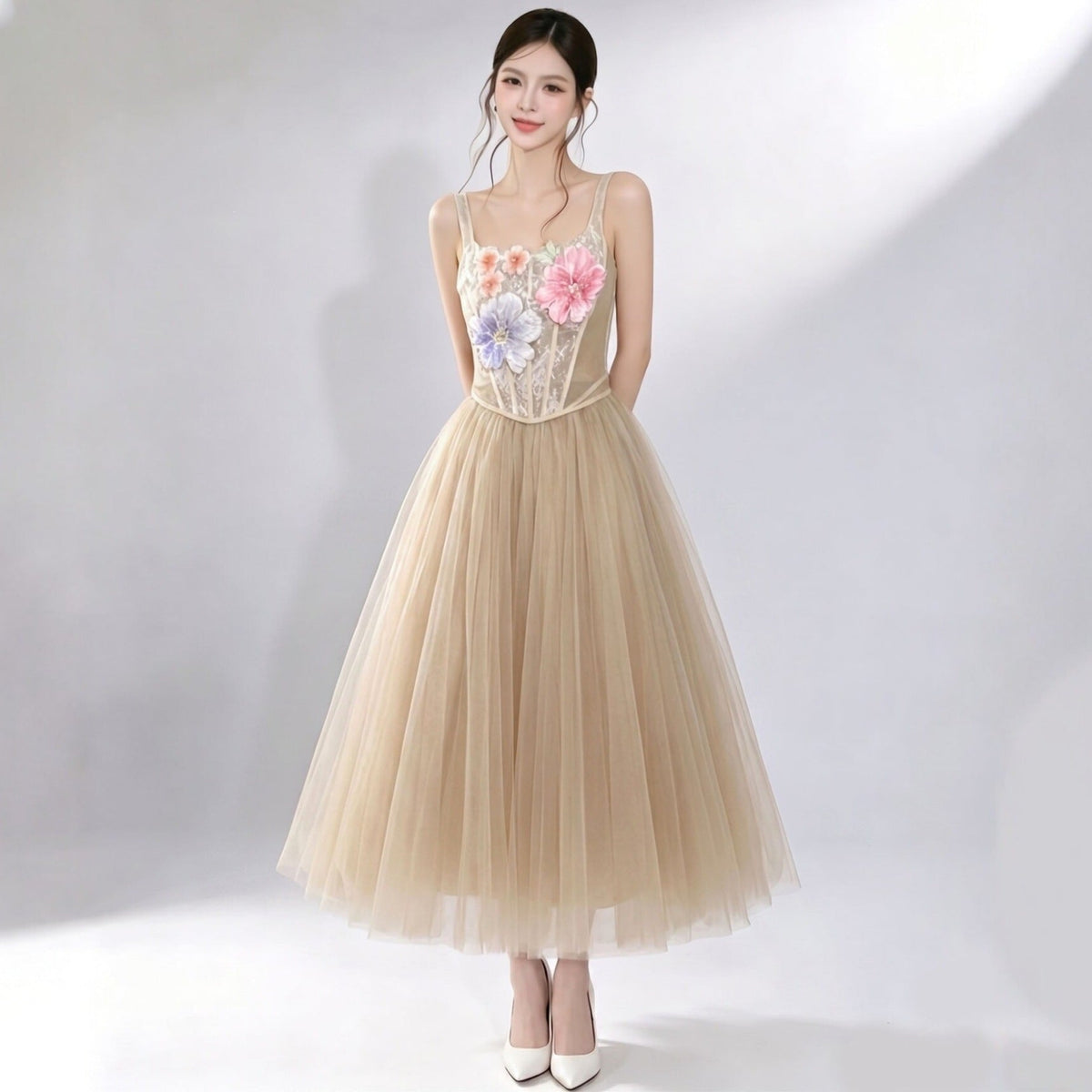 3D Floral Camisole Top & Skirt Set - Champagne