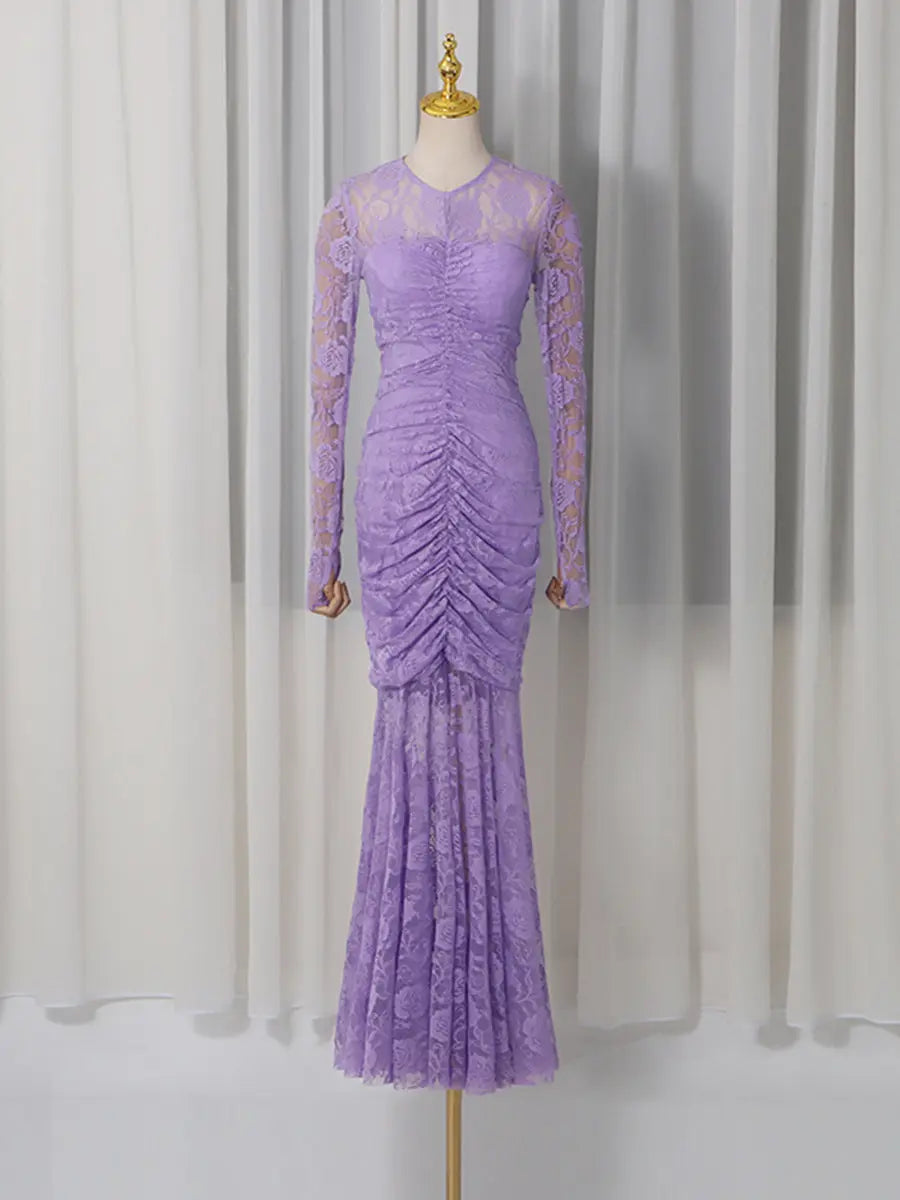 Lace Hollow Ruched Bodycon Long Sleeve Maxi Dress in Purple