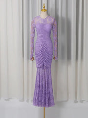 Lace Hollow Ruched Bodycon Long Sleeve Maxi Dress in Purple