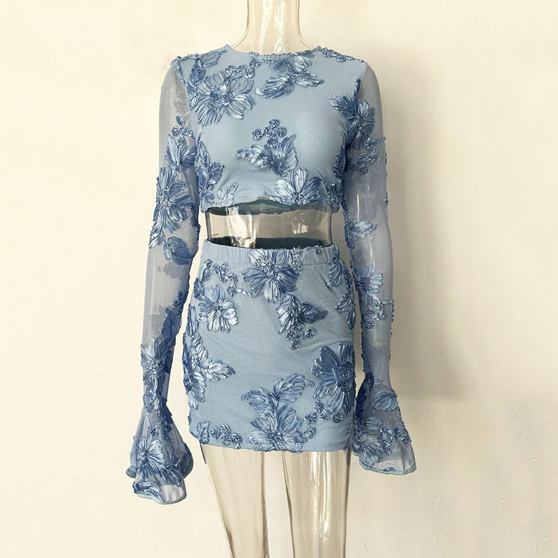 Embroidered Floral Backless T-shirt and Skirt Set