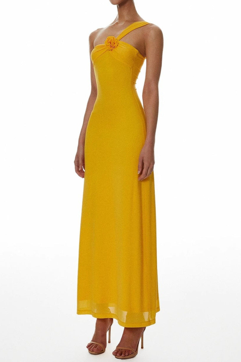 One-Shoulder Flower A-Line Maxi Dress in Yellow