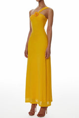 One-Shoulder Flower A-Line Maxi Dress in Yellow