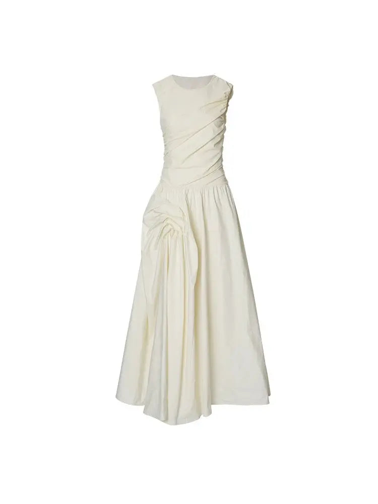 Ruched A-Line Sleeveless Midi Dress in Apricot