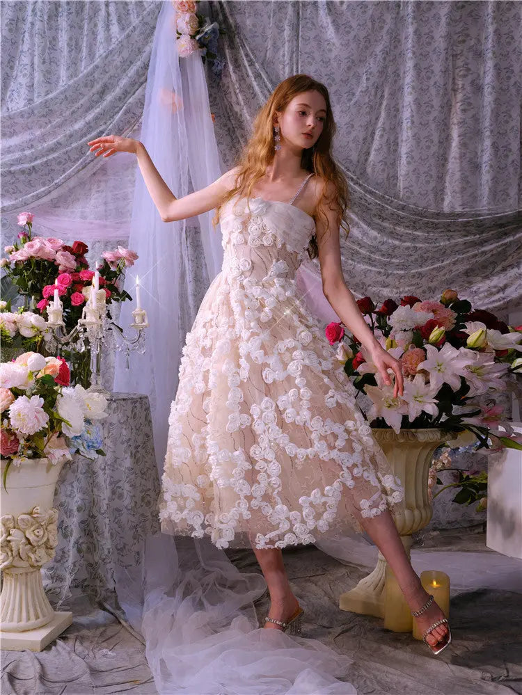 Leah White/Beige Sleeveless Flower Dress