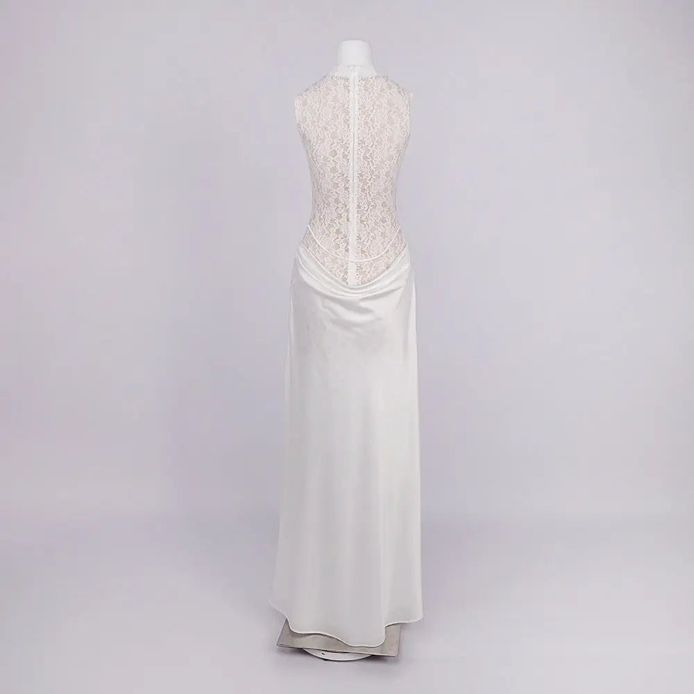 Flower Embellished Sleeveless Lace Maxi Dress in White
