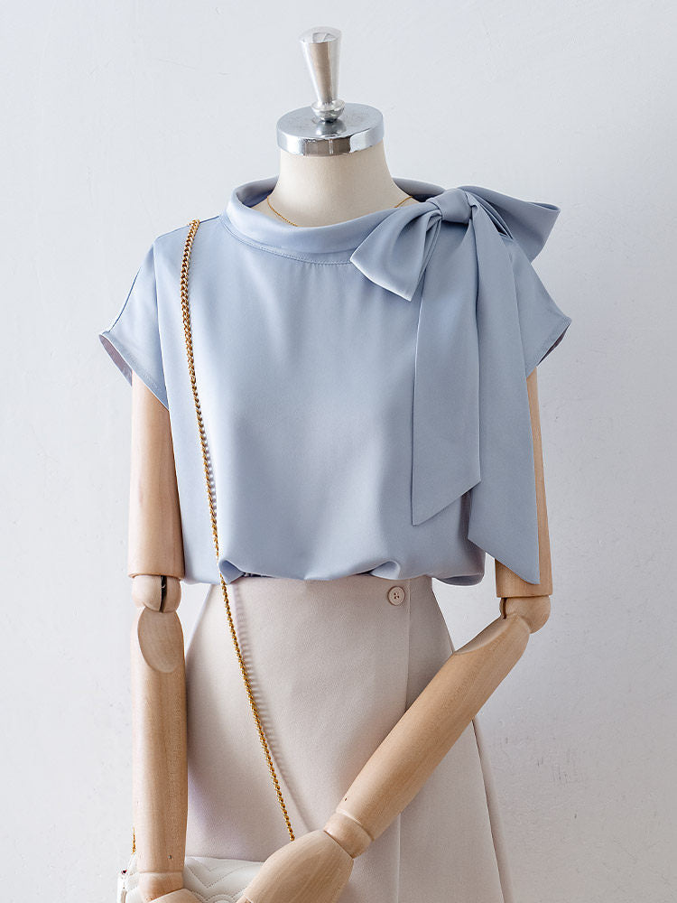 Asymmetrical Side Big Stand Collar Cap Sleeve Satin Blouse