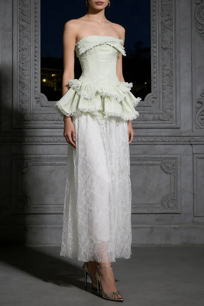 Fitted Lace-Paneled Maxi Dress in Green