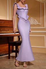 Embellished Square Neck Ruffle Bodycon Maxi Dress - Purple