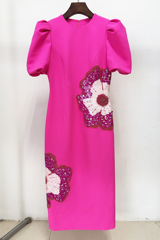 Sequin Flower Embellished Puff Sleeve Midi Dress in Pink