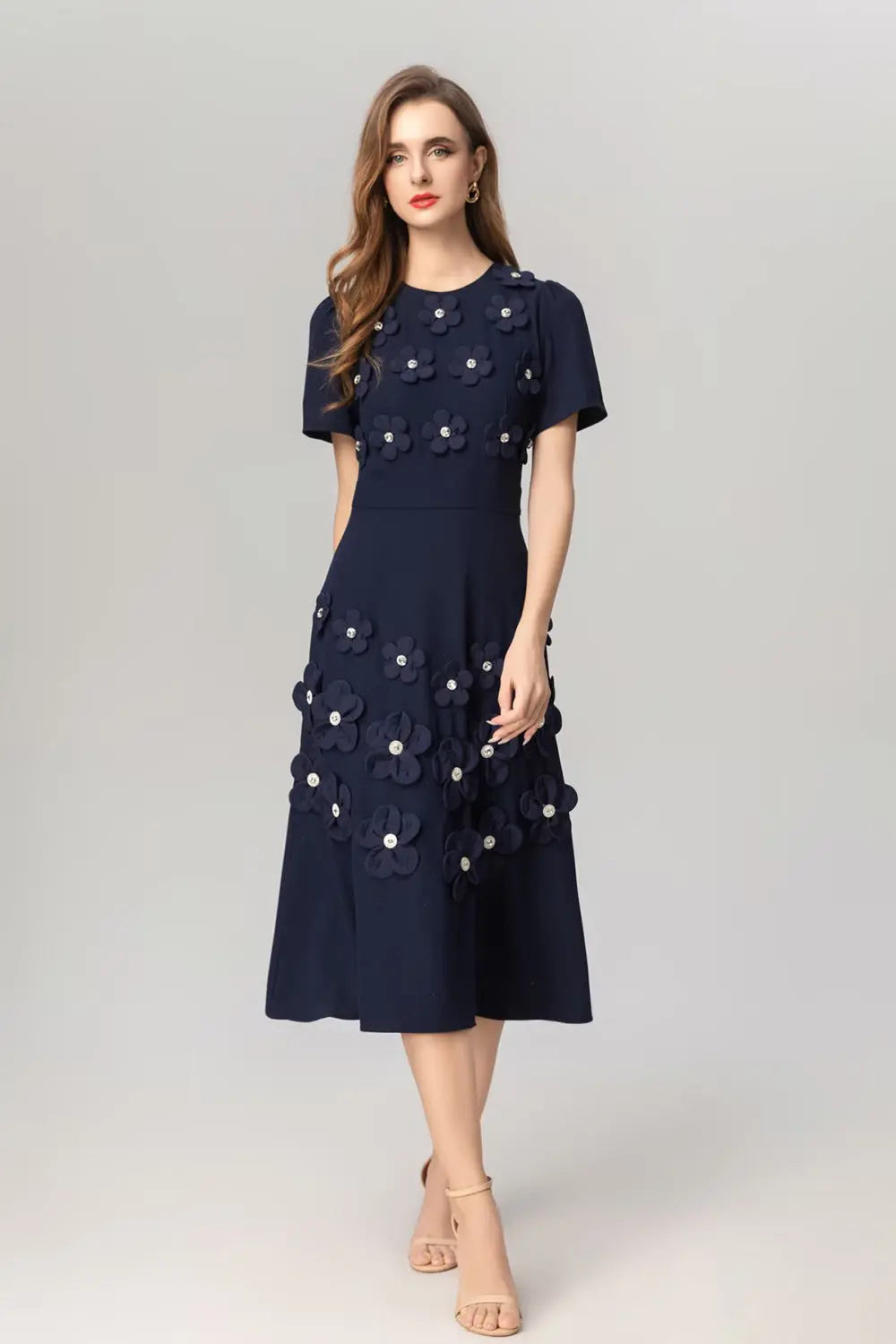 3D Flower Midi Dress in Navy Blue