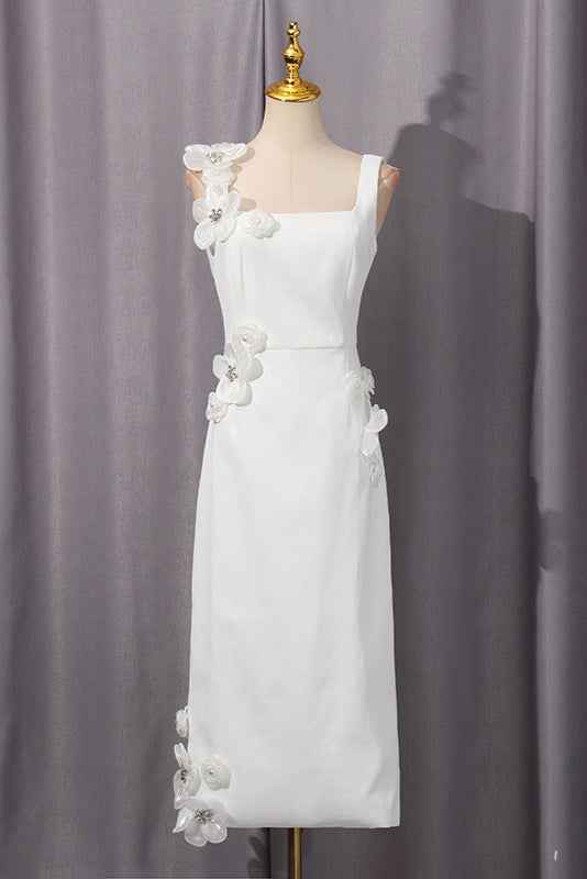 3D Flower Midi Dress in White